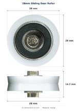 28mm Sliding Door Roller – Suits Patio and Screen Doors dimension diagram - overall 28 mm x 28 mm, every dimension measured in millimetres. TradeBase Australia part ROL4126.