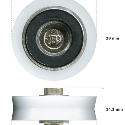 28mm Sliding Door Roller – Suits Patio and Screen Doors dimension diagram - overall 28 mm x 28 mm, every dimension measured in millimetres. TradeBase Australia part ROL4126.