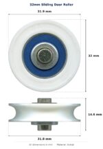 32mm Sliding Door Roller – Suits 1-3030, 1-3033, 1-3034, 1-3035 and 1-3036 Security Door Carriage Only dimension diagram - overall 31.9 mm x 32 mm, every dimension measured in millimetres. TradeBase Australia part ROL4143.