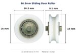 16.3mm Sliding Door Roller – Suits Window and Screen Doors dimension diagram - overall 16.3 mm x 16 mm, every dimension measured in millimetres. TradeBase Australia part ROL4192.
