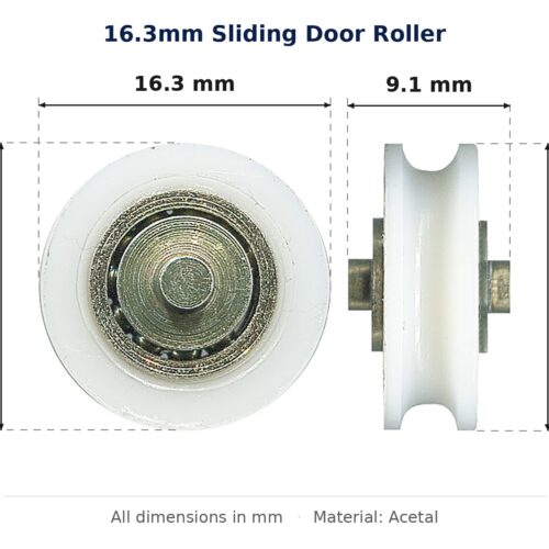 16.3mm Sliding Door Roller – Suits Window and Screen Doors dimension diagram - overall 16.3 mm x 16 mm, every dimension measured in millimetres. TradeBase Australia part ROL4192.