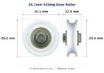 25.2mm Sliding Door Roller – Suits Screen Doors dimension diagram - overall 25.1 mm x 25.2 mm, every dimension measured in millimetres. TradeBase Australia part ROL4240.