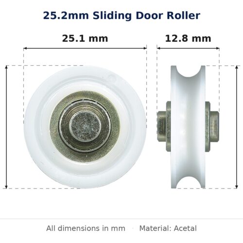 25.2mm Sliding Door Roller – Suits Screen Doors dimension diagram - overall 25.1 mm x 25.2 mm, every dimension measured in millimetres. TradeBase Australia part ROL4240.