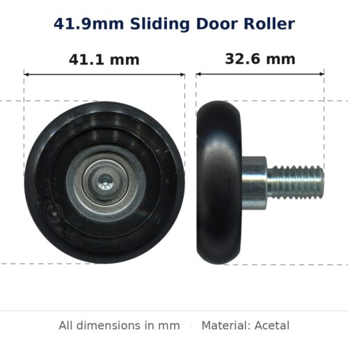 41.9mm Sliding Door Roller – Suits Hanging Doors dimension diagram - overall 41.1 mm x 41.9 mm, every dimension measured in millimetres. TradeBase Australia part ROL42CVX.