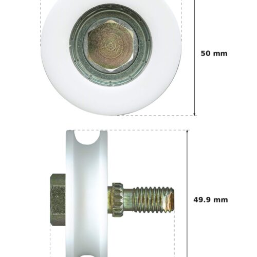 50.6mm Sliding Door Roller – Suits Commercial Hanging Doors dimension diagram - overall 50.6 mm x 50 mm, every dimension measured in millimetres. TradeBase Australia part ROL51CNC.
