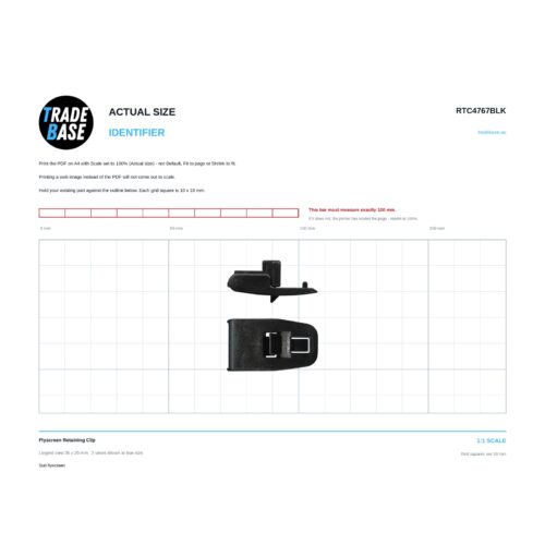 Flyscreen Retaining Clip printed at actual size, 1:1, so the part can be held against the page to identify it. It measures 35.3 mm. TradeBase Australia RTC4767BLK.