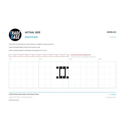 Actual size 1:1 print guide for 113.4mm Shower Screen Handle – Suits Shower Screens on a 10 mm grid