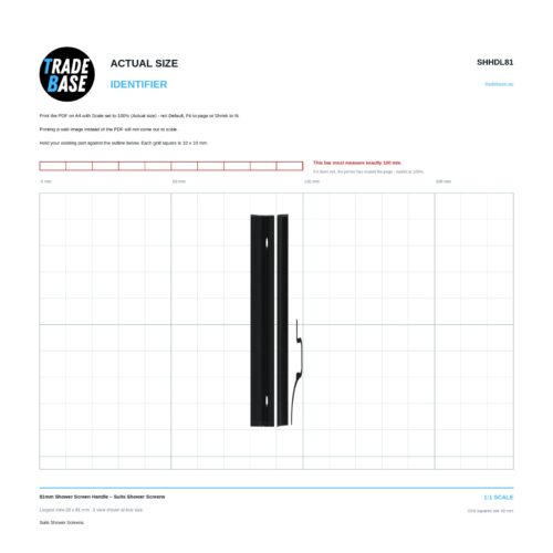 Actual size 1:1 print guide for 81mm Shower Screen Handle – Suits Shower Screens on a 10 mm grid