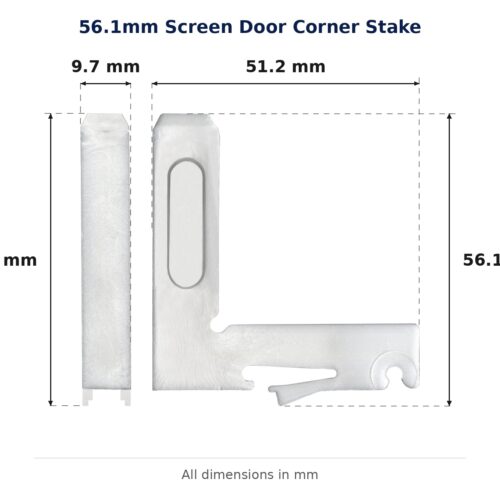 56.1mm Screen Door Corner Stake – Suits Windows dimension diagram - overall 51.2 mm x 56.1 mm, every dimension measured in millimetres. TradeBase Australia part STK56.
