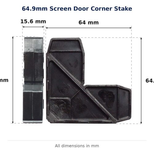 TradeBase 64.9mm Screen Door Corner Stake dimensions showing 15.6 mm, 64 mm, 64.9 mm, 64.2 mm