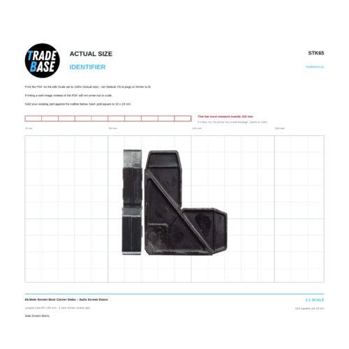 Actual size 1:1 print guide for 64.9mm Screen Door Corner Stake – Suits Screen Doors on a 10 mm grid