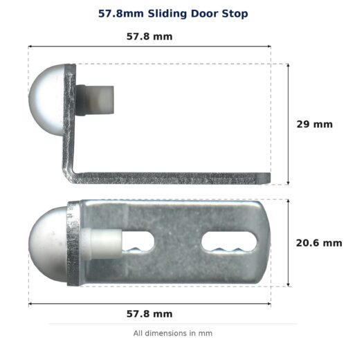 57.8mm Sliding Door Stop – Suits Sliding Doors dimension diagram - overall 57.8 mm x 29 mm, every dimension measured in millimetres. TradeBase Australia part STP58.