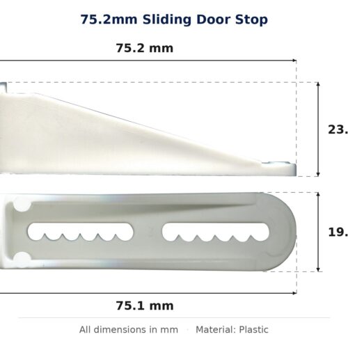 75.2mm Sliding Door Stop – Suits Sliding Doors dimension diagram - overall 75.2 mm x 23.5 mm, every dimension measured in millimetres. TradeBase Australia part STP75.