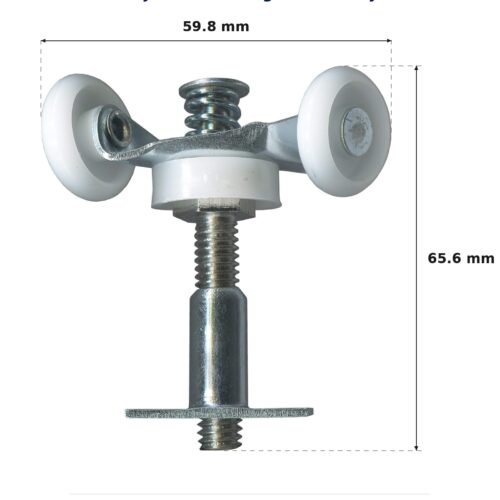 65.6mm Adjustable Sliding Door Trolley & Roller – Suits Bi-fold Doors dimension diagram - overall 59.8 mm x 65.6 mm, every dimension measured in millimetres. TradeBase Australia part TRL66.