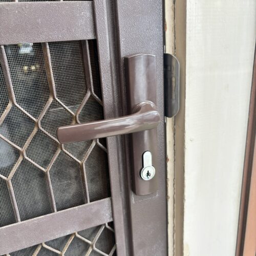 Brown hinged security screen door lock installed on a brown security door, outside lever handle and keyed cylinder
