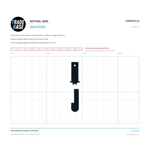 CAR11NYL11 11mm Sliding Door Carriage & Acetal Roller actual size identifier, 1:1 scale print sheet on a 10 mm grid