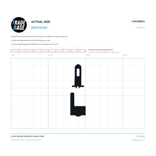 CAR12BR21 12.5mm Adjustable Sliding Door Carriage & Roller actual size identifier, 1:1 scale print sheet on a 10 mm grid