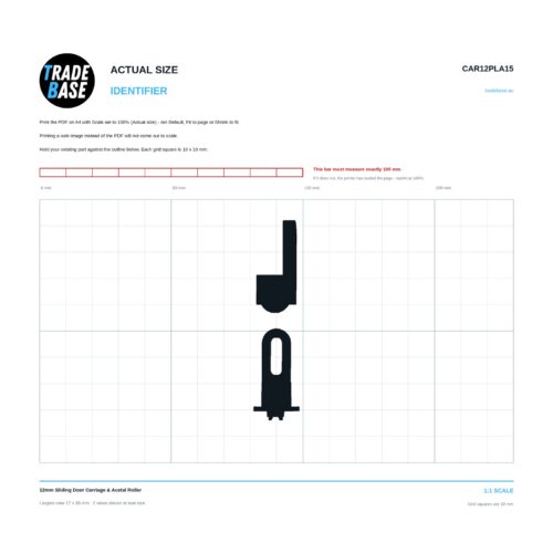CAR12PLA15 12mm Sliding Door Carriage & Acetal Roller actual size identifier, 1:1 scale print sheet on a 10 mm grid