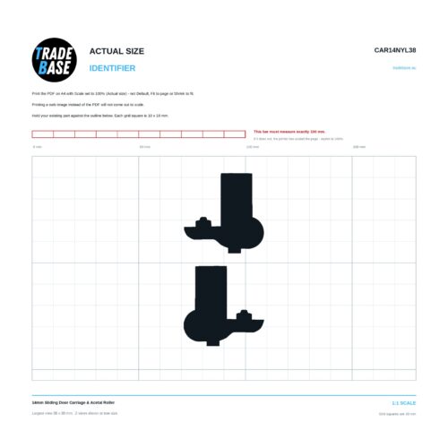 CAR14NYL38 14mm Sliding Door Carriage & Acetal Roller actual size identifier, 1:1 scale print sheet on a 10 mm grid