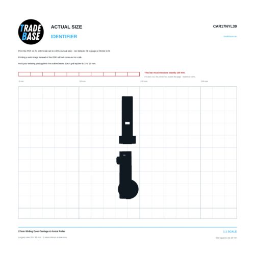 CAR17NYL39 17mm Sliding Door Carriage & Acetal Roller actual size identifier, 1:1 scale print sheet on a 10 mm grid