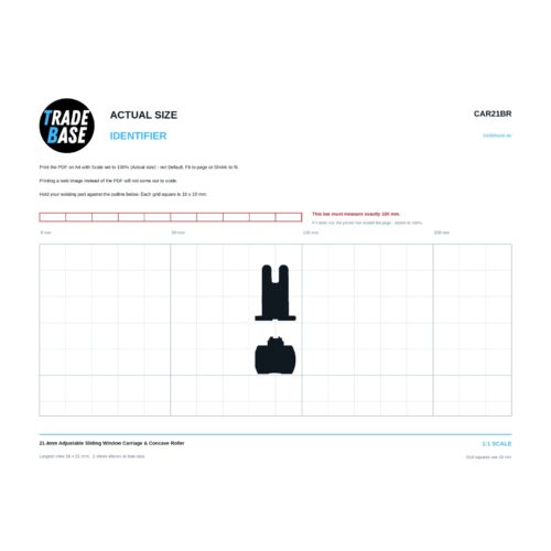 CAR21BR 21.4mm Adjustable Sliding Window Carriage & Concave Roller actual size identifier, 1:1 scale print sheet on a 10 mm grid