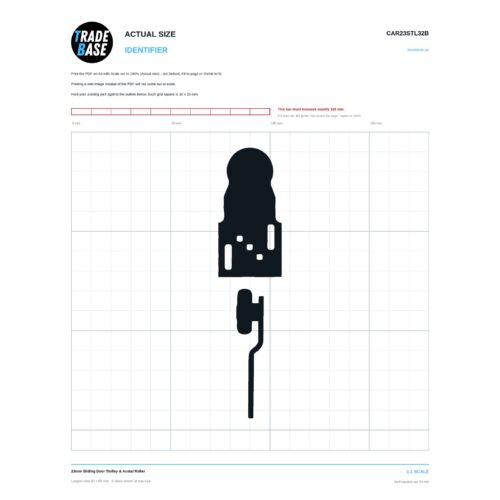 CAR23STL32B 23mm Sliding Door Trolley & Acetal Roller actual size identifier, 1:1 scale print sheet on a 10 mm grid