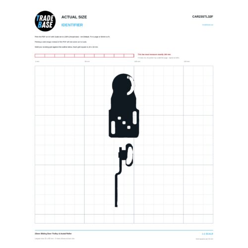 CAR23STL32F 23mm Sliding Door Trolley & Acetal Roller actual size identifier, 1:1 scale print sheet on a 10 mm grid