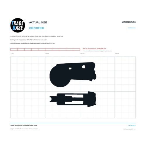 CAR32STL55 32mm Sliding Door Carriage & Acetal Roller actual size identifier, 1:1 scale print sheet on a 10 mm grid