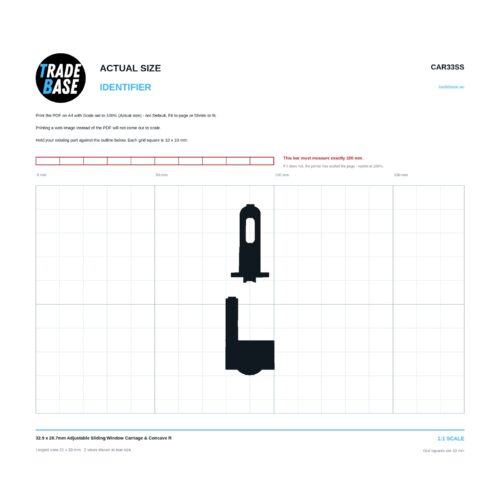 CAR33SS 32.9 x 20.7mm Adjustable Sliding Window Carriage & Concave R actual size identifier, 1:1 scale print sheet on a 10 mm grid