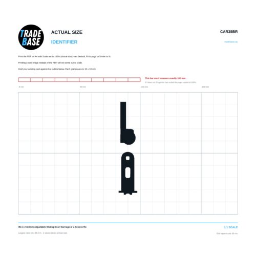 CAR35BR 35.1 x 15.6mm Adjustable Sliding Door Carriage & V-Groove Ro actual size identifier, 1:1 scale print sheet on a 10 mm grid