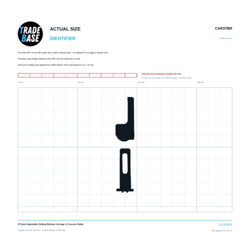CAR37BR 37.3mm Adjustable Sliding Window Carriage & Concave Roller actual size identifier, 1:1 scale print sheet on a 10 mm grid