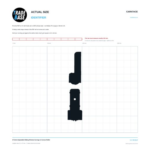 CAR47ACE 47.2mm Adjustable Sliding Window Carriage & Convex Roller actual size identifier, 1:1 scale print sheet on a 10 mm grid