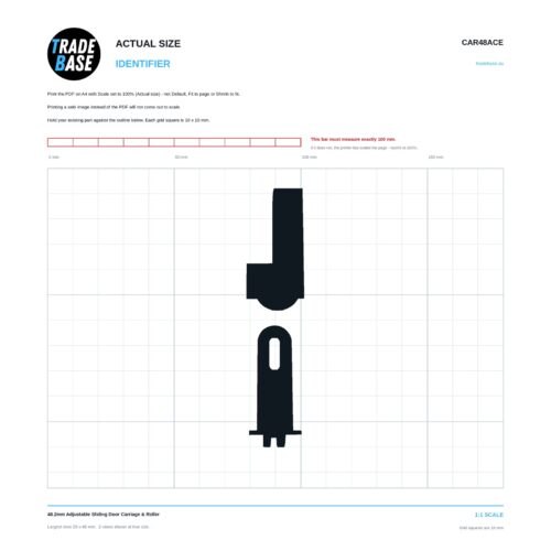 CAR48ACE 48.2mm Adjustable Sliding Door Carriage & Roller actual size identifier, 1:1 scale print sheet on a 10 mm grid