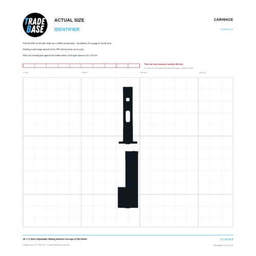 CAR49ACE 49 x 17.9mm Adjustable Sliding Window Carriage & Flat Roller actual size identifier, 1:1 scale print sheet on a 10 mm grid