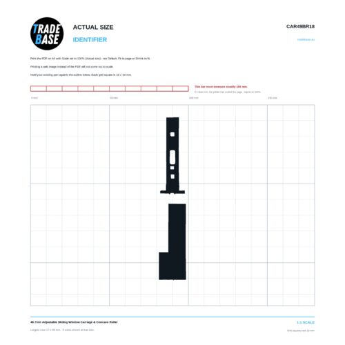 CAR49BR18 48.7mm Adjustable Sliding Window Carriage & Concave Roller actual size identifier, 1:1 scale print sheet on a 10 mm grid