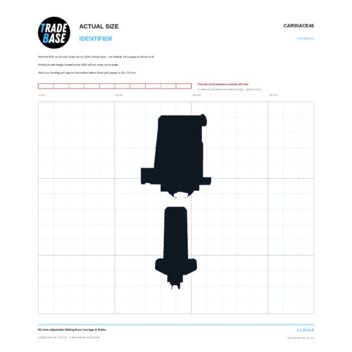 CAR55ACE46 55.1mm Adjustable Sliding Door Carriage & Roller actual size identifier, 1:1 scale print sheet on a 10 mm grid