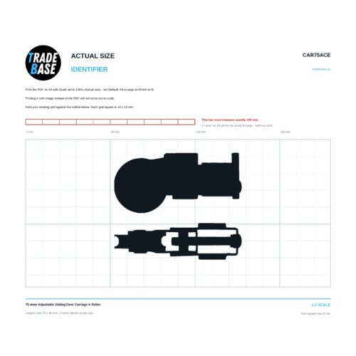 CAR75ACE 75.4mm Adjustable Sliding Door Carriage & Roller actual size identifier, 1:1 scale print sheet on a 10 mm grid