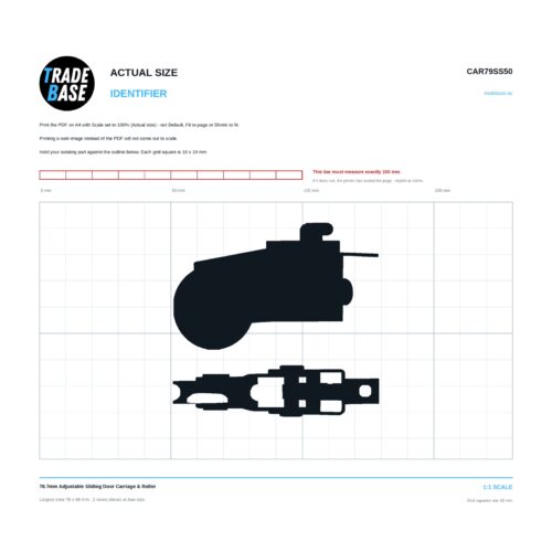 CAR79SS50 78.7mm Adjustable Sliding Door Carriage & Roller actual size identifier, 1:1 scale print sheet on a 10 mm grid