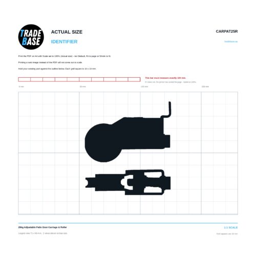 CARPAT25R 25kg Adjustable Patio Door Carriage & Roller actual size identifier, 1:1 scale print sheet on a 10 mm grid