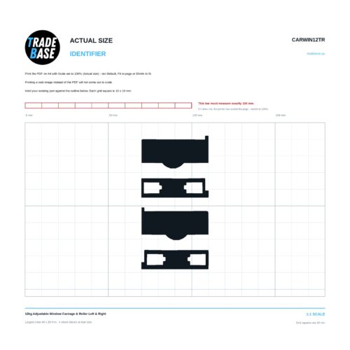 CARWIN12TR 12kg Adjustable Window Carriage & Roller Left & Right actual size identifier, 1:1 scale print sheet on a 10 mm grid