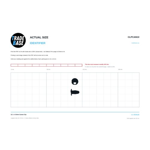 CLPCAN10 12.1 x 9.5mm Canoe Clip actual size identifier, 1:1 scale print sheet on a 10 mm grid