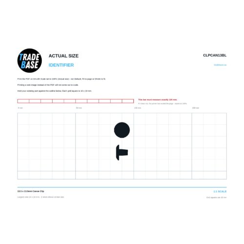 CLPCAN13BL 13.5 x 13.5mm Canoe Clip actual size identifier, 1:1 scale print sheet on a 10 mm grid