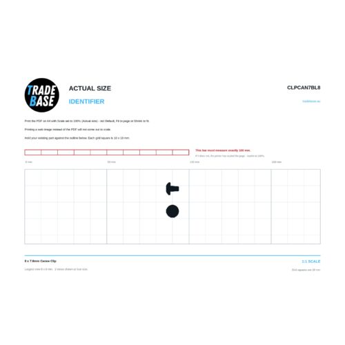 CLPCAN7BL8 8 x 7.8mm Canoe Clip actual size identifier, 1:1 scale print sheet on a 10 mm grid