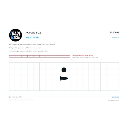 CLPCAN8 12.8 x 8mm Canoe Clip actual size identifier, 1:1 scale print sheet on a 10 mm grid