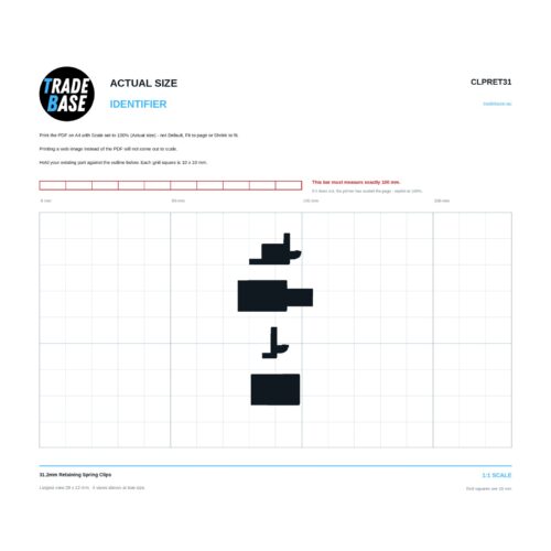 CLPRET31 31.2mm Retaining Spring Clips actual size identifier, 1:1 scale print sheet on a 10 mm grid