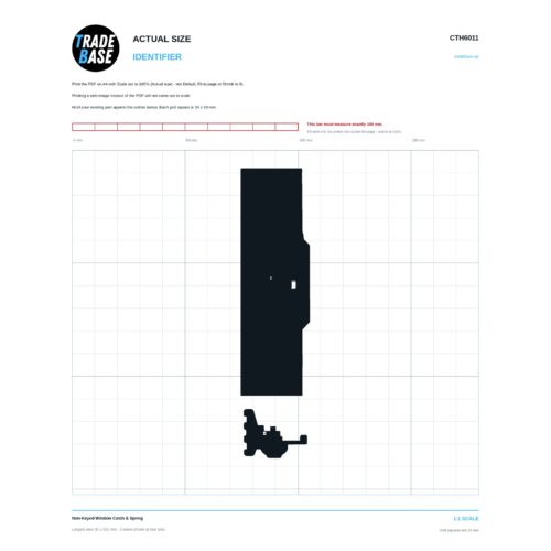CTH6011 Non-Keyed Window Catch & Spring actual size identifier, 1:1 scale print sheet on a 10 mm grid