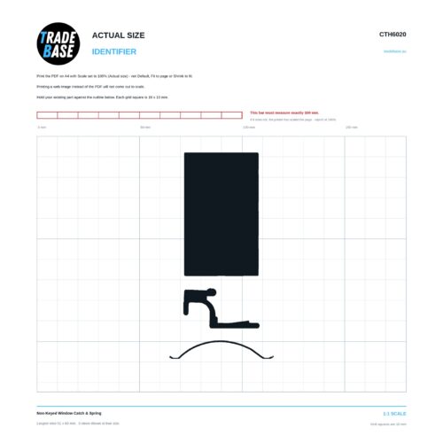 CTH6020 Non-Keyed Window Catch & Spring actual size identifier, 1:1 scale print sheet on a 10 mm grid