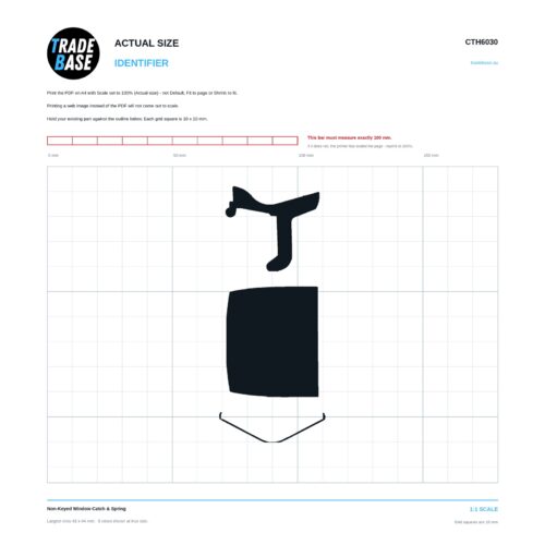 CTH6030 Non-Keyed Window Catch & Spring actual size identifier, 1:1 scale print sheet on a 10 mm grid