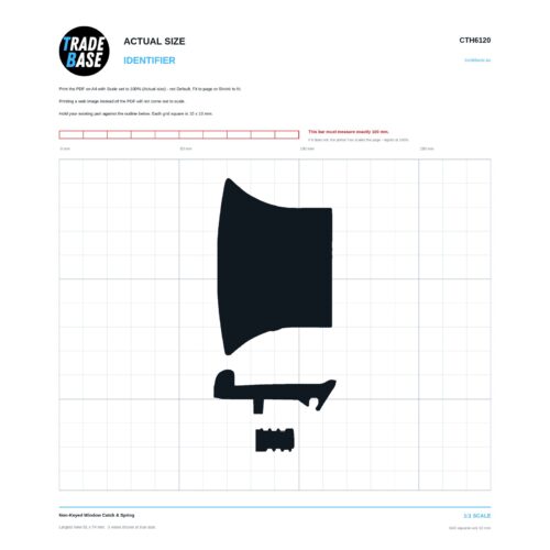 CTH6120 Non-Keyed Window Catch & Spring actual size identifier, 1:1 scale print sheet on a 10 mm grid