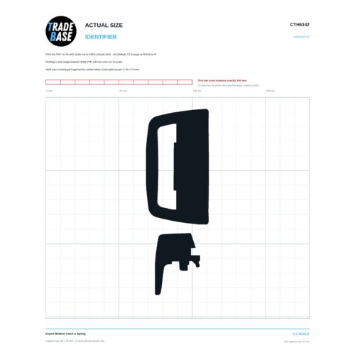 CTH6142 Keyed Window Catch & Spring actual size identifier, 1:1 scale print sheet on a 10 mm grid